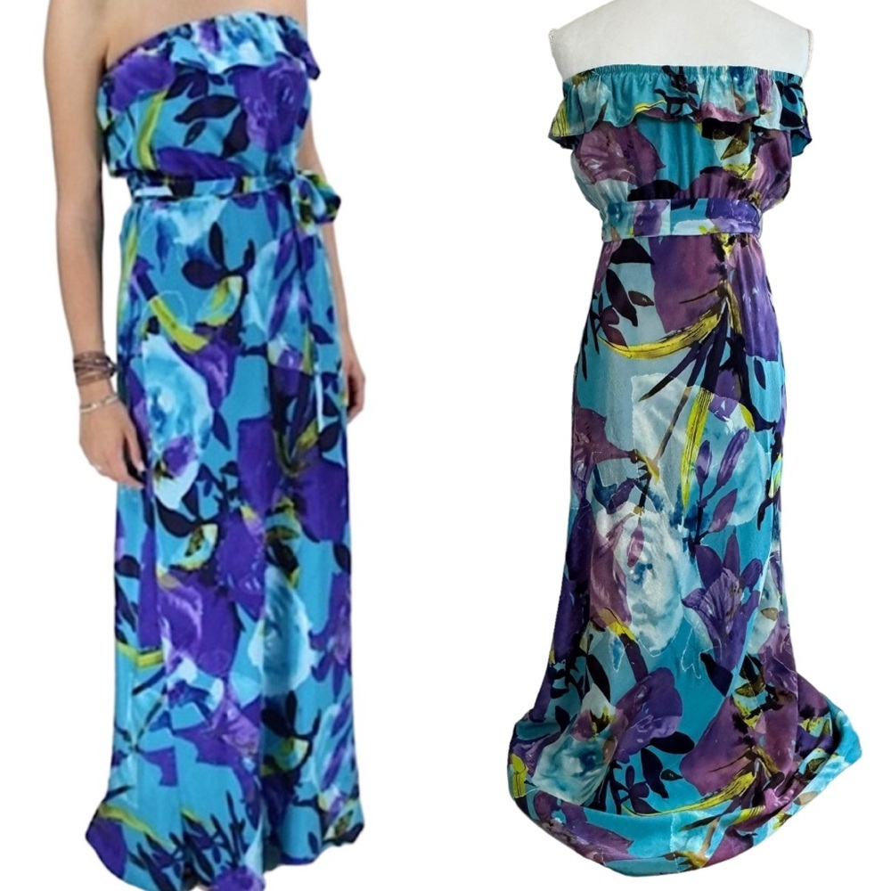 Trina Turk Maxi Dress Size 6 Medium Silk Sonya Purple Aqua Formal Vacation